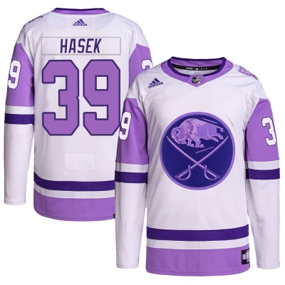 Men's Dominik Hasek Buffalo Sabres Adidas Hockey Fights Cancer Primegreen Jersey - Authentic White/Purple
