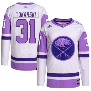 Men's Dustin Tokarski Buffalo Sabres Adidas Hockey Fights Cancer Primegreen Jersey - Authentic White/Purple