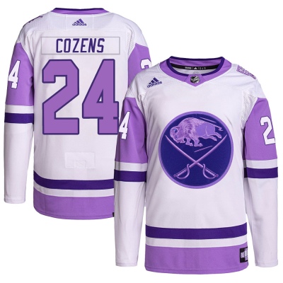 Men's Dylan Cozens Buffalo Sabres Adidas Hockey Fights Cancer Primegreen Jersey - Authentic White/Purple