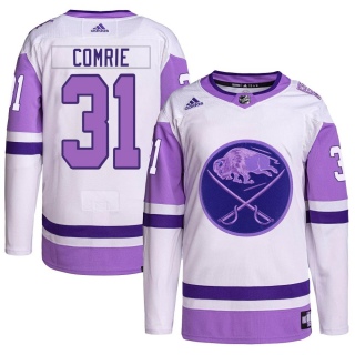 Men's Eric Comrie Buffalo Sabres Adidas Hockey Fights Cancer Primegreen Jersey - Authentic White/Purple