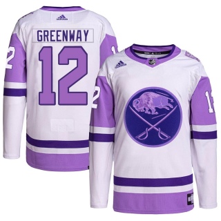 Men's Jordan Greenway Buffalo Sabres Adidas Hockey Fights Cancer Primegreen Jersey - Authentic White/Purple