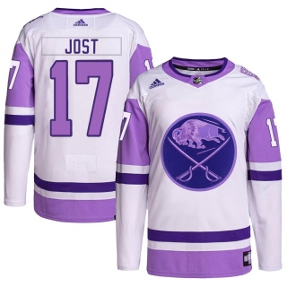 Men's Tyson Jost Buffalo Sabres Adidas Hockey Fights Cancer Primegreen Jersey - Authentic White/Purple